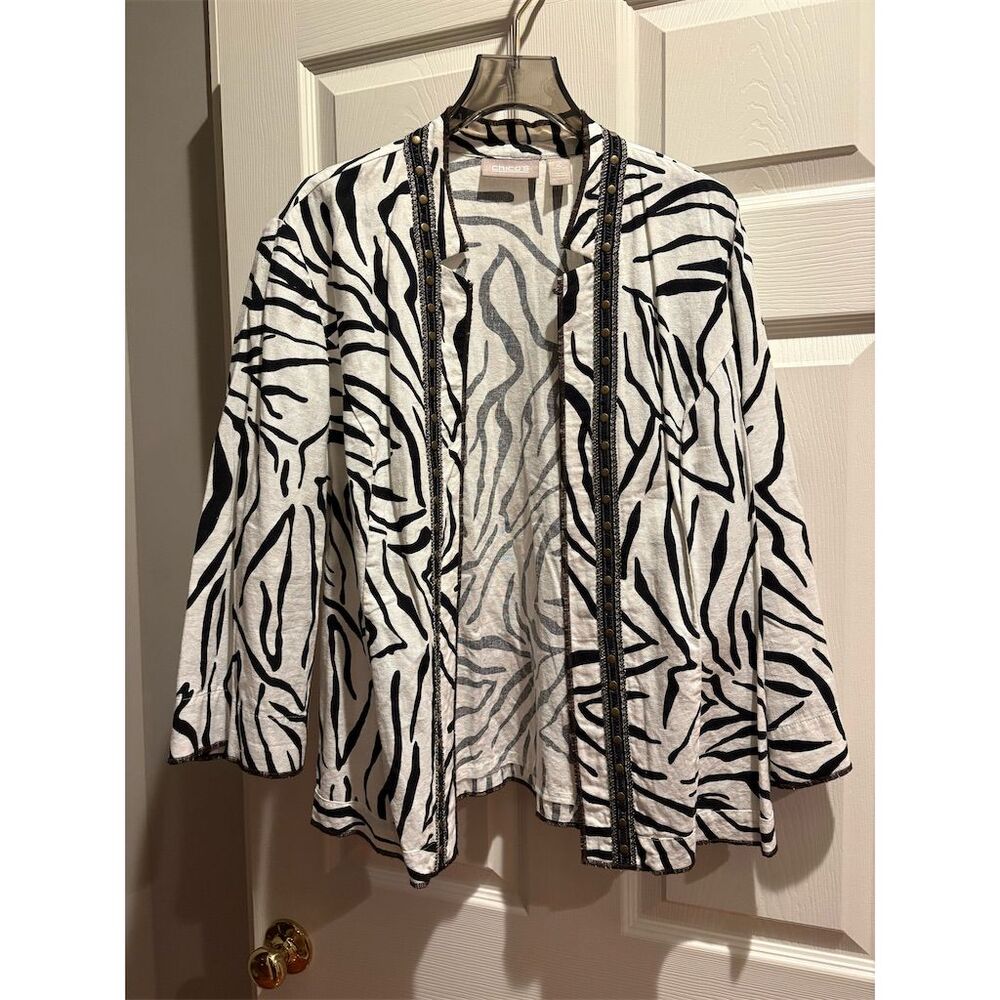 Chico's Zebra Print‎ Linen Jacket Size 2 (M) Multicolor Studded